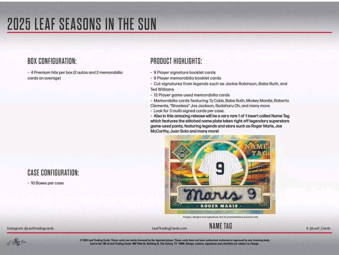 2025 Leaf Seasons : In The Sun Baseball Hobby , 10 Box Case ( Pre Order ,  2/28/2025 Release Date )